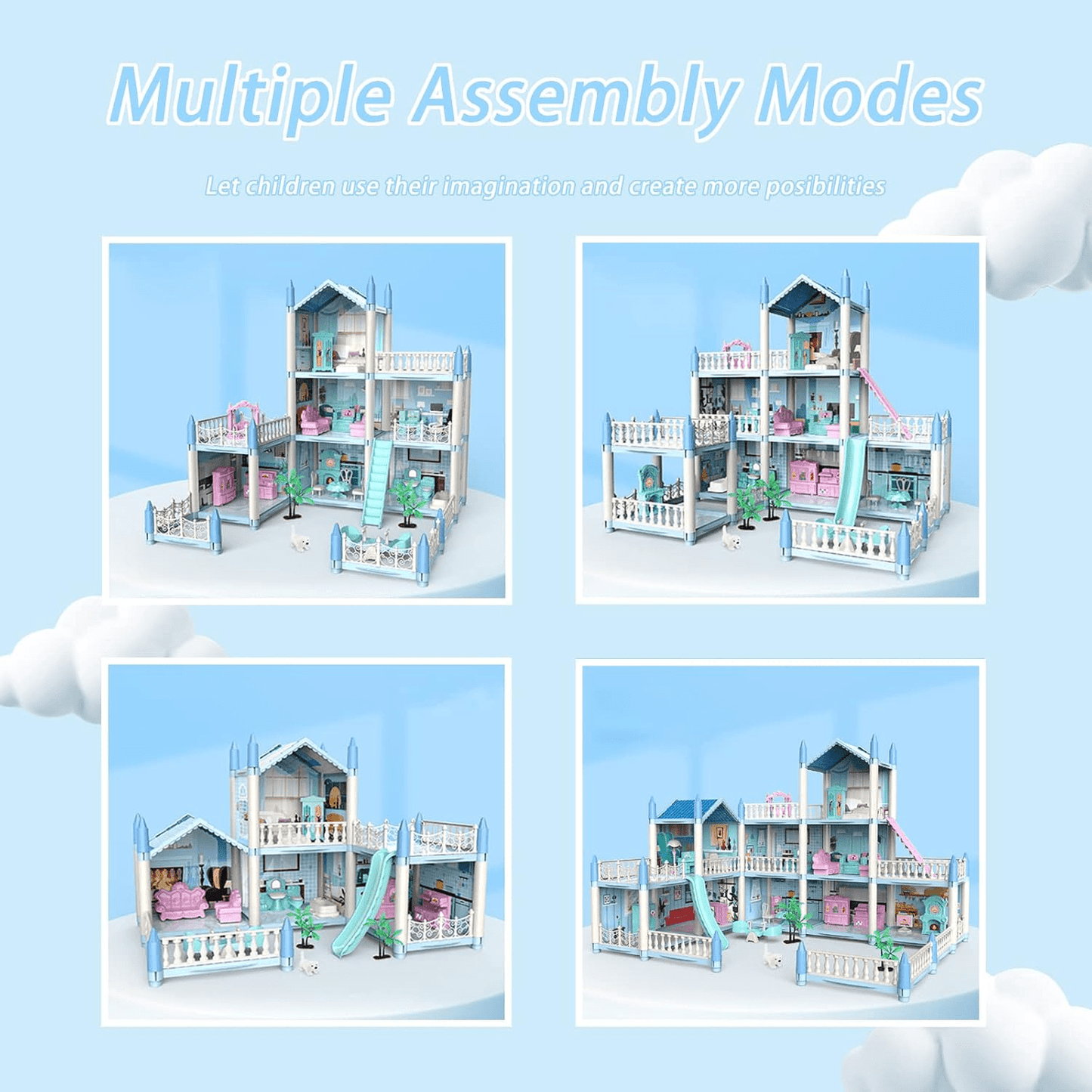 DIY Doll House Villa Set For Kids - Blue